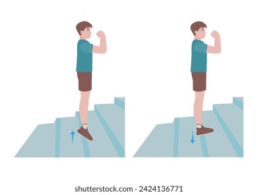 Stair workout: Exercises you can do at every staircase you find.
Stand on a step so your heel can drop lower than the rest of your foot at the bottom of the movement. with Calf raises posture. vector 