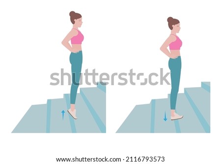Stair workout: Exercises you can do at every staircase you find.
Stand on a step so your heel can drop lower than the rest of your foot at the bottom of the movement. with Calf raises posture. vector  商業照片 © 