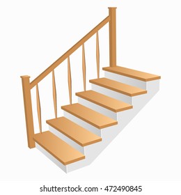 Staircase 3d Icon with wooden steps for home. Ladder  Sample with railing side view isolated. Vector illustration on a white background.