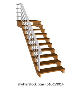 Staircase 3d  wooden with a white fence. Stair view from above. Vector illustration on a white background.