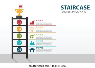 Staircase 5 steps Infographic element background. Ladder of success concept with trophies on the top.Business concept can be used for workflow number steps.Vector illustration flat design.Front view.