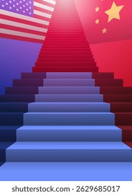 Staircase between US and China flags symbolizing trade war economic rivalry gradient background abstract design