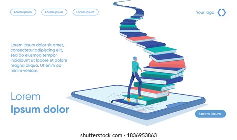 Staircase from Books Rises Smartphone, Man goes up. Achieving High Level Mental Development. Cognitive Activity is Stimulated. Formation Skills for Evaluating Alternatives in Face Uncertainty