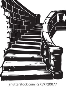 Staircase with brick wall and curved railing leads upwards in black and white illustration