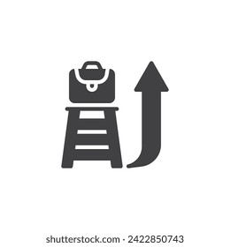 Staircase with briefcase and arrow vector icon. filled flat sign for mobile concept and web design. Career advancement glyph icon. Symbol, logo illustration. Vector graphics