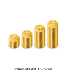 Staircase of the coins  to the top. Graph made of money. 3d realistic money vector illustration.