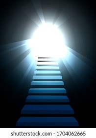 Escalera en el interior oscuro. Brillante en la cima de la subida, los pasos hacia el futuro se disparan en el espacio - promoción espiritual y de carrera, desarrollo personal o empresarial. Escalera de logros, escalera al cielo