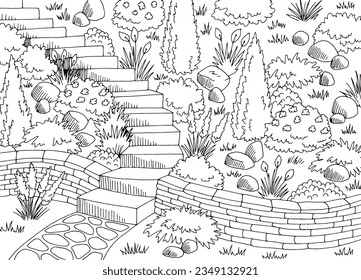 Staircase in the garden graphic black white landscape sketch illustration vector