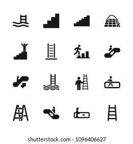 Staircase icon. collection of 16 staircase filled icons such as escalator, escalator up, pool ladder, ladder, stair, man going up. editable staircase icons for web and mobile.