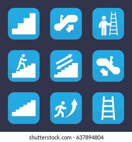 Staircase icon. set of 9 filled staircase icons such as escalator up, escalator down, ladder, stair, man climbing stairs, man going up, stairs
