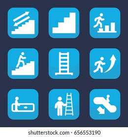 Staircase icon. set of 9 filled staircase icons such as escalator, escalator down, ladder, stair, man climbing stairs, man going up, man with ladder