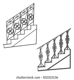 Staircase Icon set. Sample ladder with forged fence side view isolated. Vector illustration on a white background.