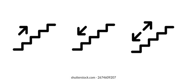 Ícones de escada com setas direcionais para cima e para baixo. Escadas ou sinal de escada. Escadas para cima e escada para baixo conjunto de símbolos.