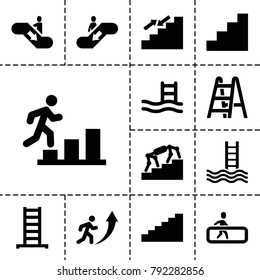 Staircase icons. set of 13 editable filled staircase icons such as ladder, pool ladder, stairs, stair, man going up, escalator, escalator up