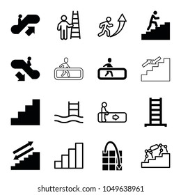 Staircase icons. set of 16 editable filled and outline staircase icons such as escalator up, escalator down, ladder, stairs, stair, man climbing stairs, escalator, pool ladder