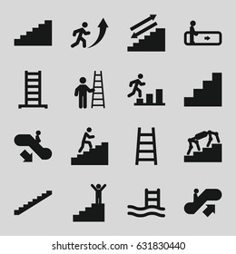 Staircase icons set. set of 16 staircase filled icons such as escalator, escalator up, escalator down, ladder, stairs, stair, man climbing stairs, man going up