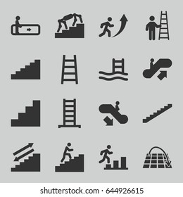 Staircase icons set. set of 16 staircase filled icons such as escalator, escalator up, escalator down, ladder, stairs, stair, man climbing stairs, move on map, man going up
