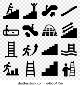 Staircase icons set. set of 16 staircase filled icons such as escalator, escalator up, escalator down, ladder, stairs, stair, man climbing stairs, move on map, man going up