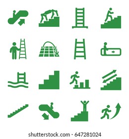 Staircase icons set. set of 16 staircase filled icons such as escalator, escalator up, escalator down, ladder, stairs, stair, man climbing stairs, move on map, man going up