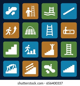Staircase icons set. set of 16 staircase filled icons such as escalator, escalator up, escalator down, ladder, stairs, stair, move on map, man going up, man on stairs