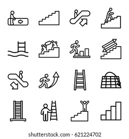 Staircase icons set. set of 16 staircase outline icons such as escalator, escalator up, escalator down, ladder, stair, man climbing stairs, man going up, stairs, pool ladder