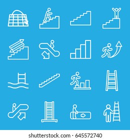 Staircase icons set. set of 16 staircase outline icons such as escalator, escalator up, escalator down, ladder, stairs, stair, man climbing stairs, man going up, pool ladder