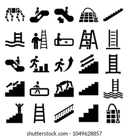 Staircase icons. set of 25 editable filled staircase icons such as escalator, escalator down, ladder, stairs, pool ladder, move on map, stair, man going up, man on stairs