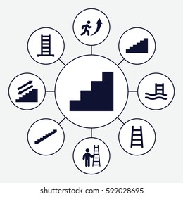 staircase icons set. Set of 9 staircase filled icons such as ladder, stairs, stair, man going up, man with ladder