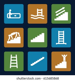 Staircase icons set. set of 9 staircase filled icons such as escalator, ladder, stairs, man on stairs