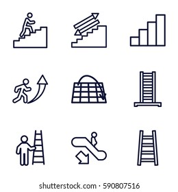 staircase icons set. Set of 9 staircase outline icons such as escalator down, ladder, stair, man climbing stairs, man going up, man with ladder, stairs