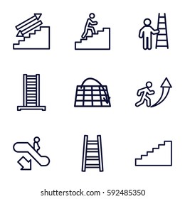 staircase icons set. Set of 9 staircase outline icons such as escalator down, ladder, man climbing stairs, man going up, stairs, man with ladder