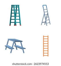 Ícones de escada definem o vetor de desenho animado. Vários tipos de escada de metal e madeira. Equipamento de construção e reparação