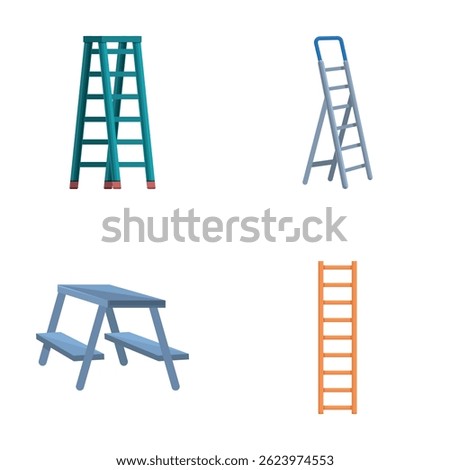 Staircase icons set cartoon vector. Various type of metal and wooden ladder. Construction and repair equipment