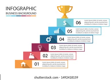 Staircase infographic 6 element for presentation. Business and finance concept. The ladder to success and the trophy. Vector illustration in flat design.