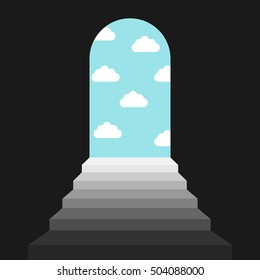 The staircase leading from darkness in bright future, sky with clouds on black background. Discovery, success and progress concept. Flat design. Vector illustration. EPS 8, no transparency