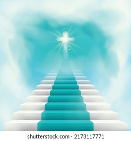 Staircase leading to heaven Glowing holy cross at the top