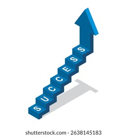 A staircase leading upwards with the word SUCCESS spelled out on the steps and an arrow pointing upwards. Growth progress and achievement illustration.