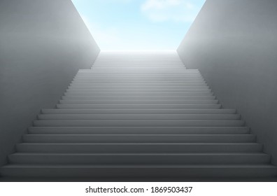 Staircase leads up to heaven. Vector realistic interior with empty stair with white steps and blue sky with clouds. Concept of hope, freedom, career growth, future opportunity and success