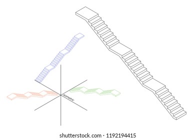 Staircase with levels. Vector outline illustration. Isometric projection.