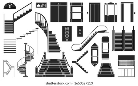 Staircase and lift vector black set icon.Vector illustration stair and escalator.Isolated black icon wooden of metal staircase on white background.
