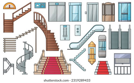 Icono de conjunto de colores de la escalera y del vector del ascensor.Escalera y escaladora de la ilustración del vector.Icono de color aislado madera de la escalera de metal sobre fondo blanco.