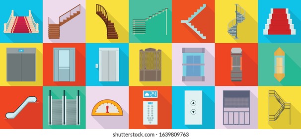 Staircase and lift vector flat set icon.Vector illustration stair and escalator.Isolated flat icon wooden of metal staircase on white background.