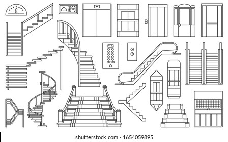 Staircase and lift vector outline set icon.Vector illustration stair and escalator.Isolated outline icon wooden of metal staircase on white background.