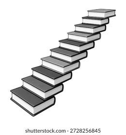 Staircase made of stacked books forming upward steps. Minimal monochrome halftone illustration symbolizing education, learning, knowledge growth, progress, career development, and success on white background.