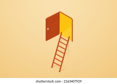 Staircase on the wall with an open door. Opening the door to new opportunities Find the end of the business. 3D isometric vector illustration.