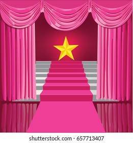 Staircase with pink curtains and stars the winner . Vector Illustration