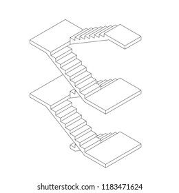 Staircase with platforms. Vector outline illustration. Isometric projection.