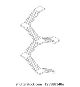 Staircase with platforms. Vector outline illustration. Isometric projection.