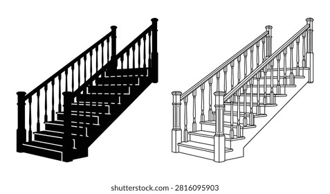 Staircase With Railing Black And White Line Drawing Silhouette