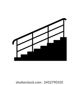 Treppe mit Geländersymbol. Schwarze Silhouette. Seitenansicht. Vektorgrafik Einfache flache grafische Darstellung. Isoliertes Objekt auf weißem Hintergrund. Isolieren.